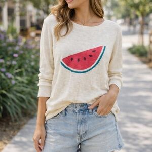 GAP Cream Cotton Blend Watermelon Graphic Sweater | Lightweight Knit 3/4 Sleeve
